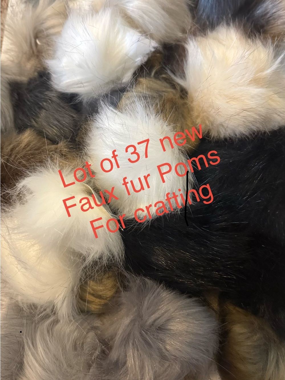Lot of 37 Faux Fur Pom Poms - Mixed Neutral Colors